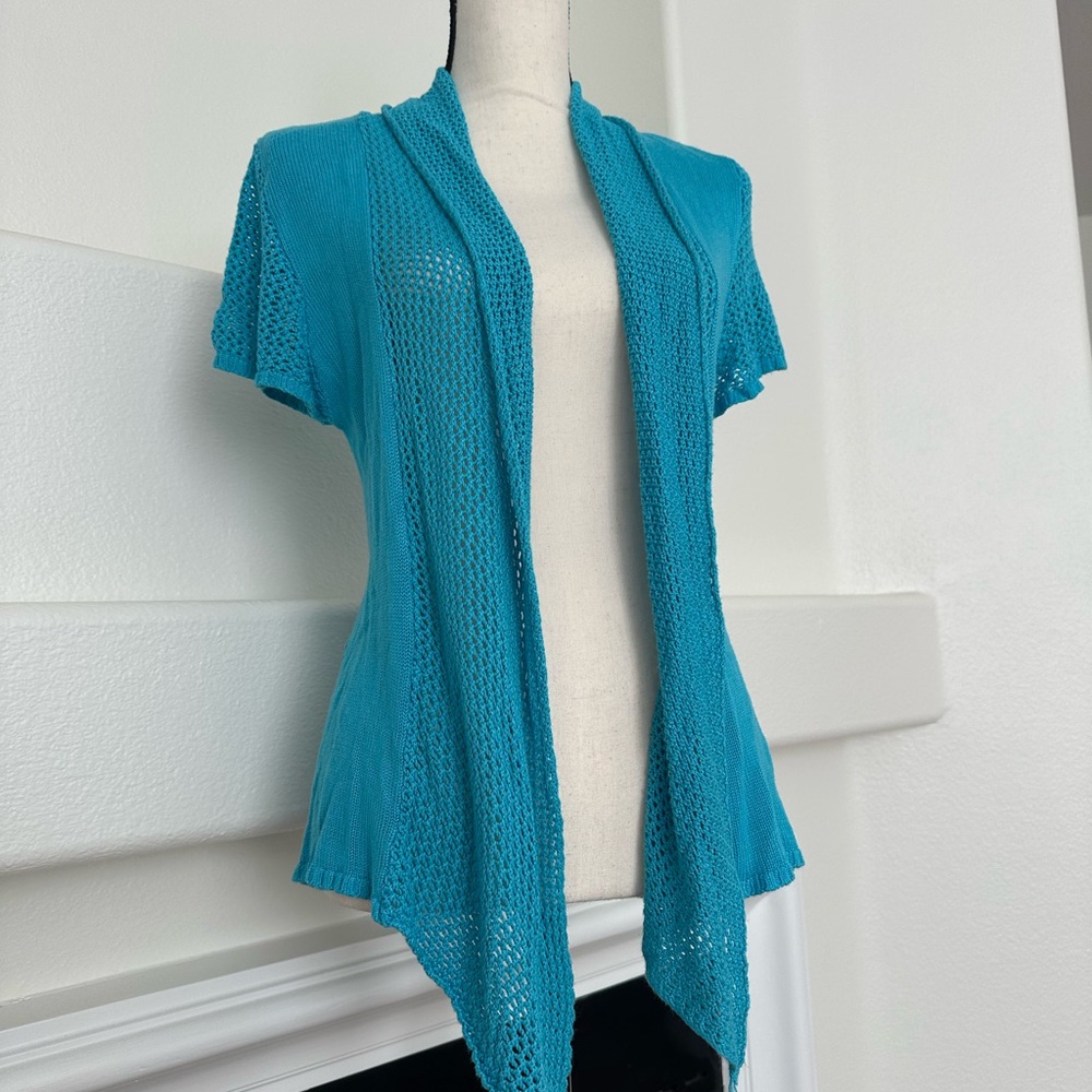 Once Again Open-Front Open-Knit Short Sleeve Crochet Style Shawl Cardigan Size M